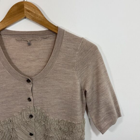KNITTED & KNOTTED Anthropologie S Beige Wool Cardigan Sweater Cat Eye Ruffles - Picture 3 of 13